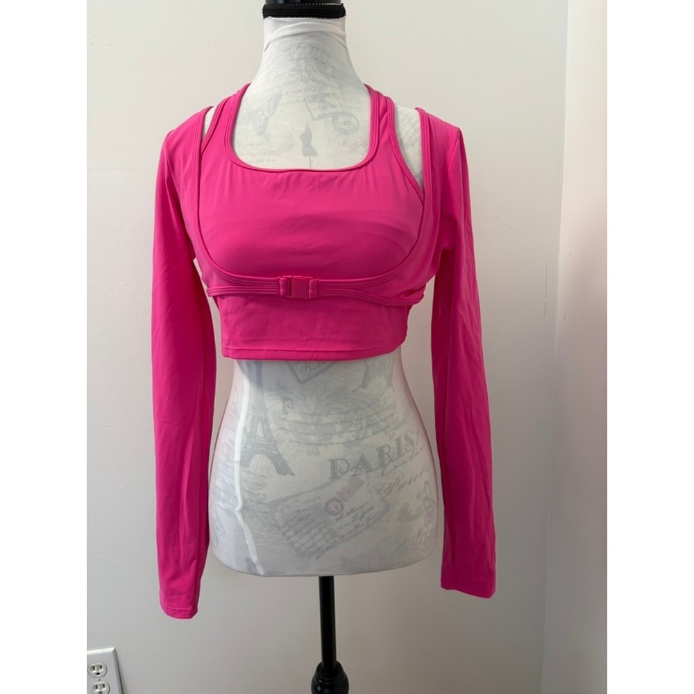 Halara Womens Hot Pink Long Sleeve Buckle Detail Layered Crop Top Athletic Small